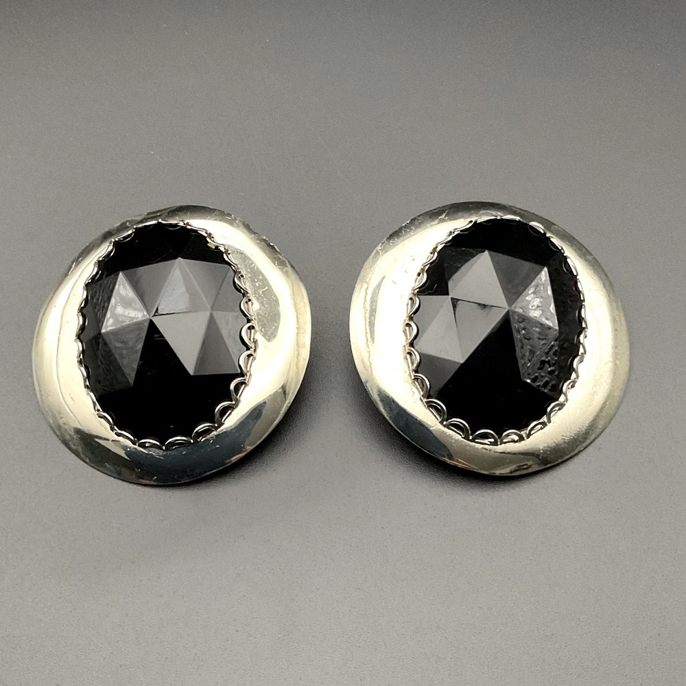Unique Vintage Silver Tone and Black Enamel Clip On Earrings